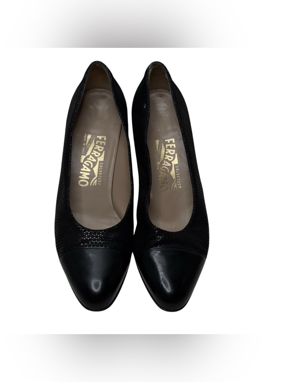 Salvatore Ferragamo Vintage Black Leather Cap-Toe Textured Suede Heels Size 8B
